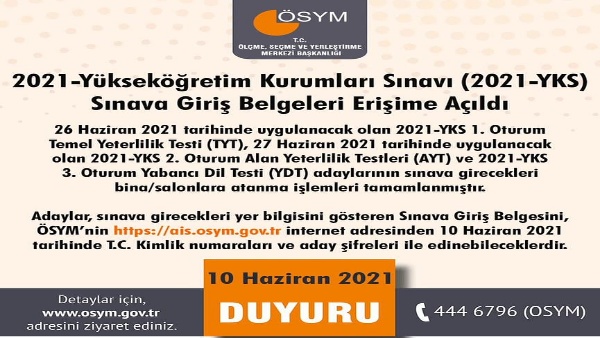 YKS giriş belgeleri erişime açıldı