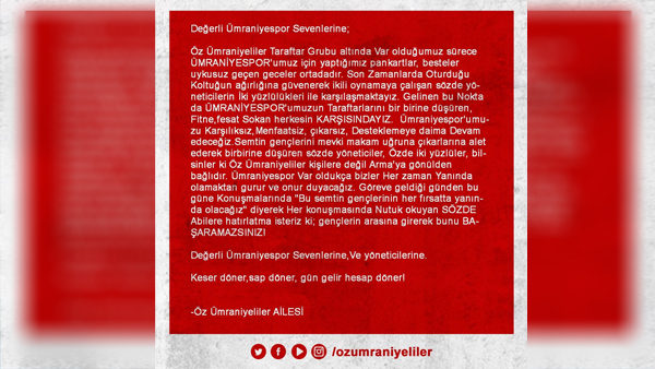Öz Ümraniyeliler Taraftar Grubu’ndan Açıklama!