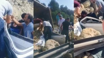 TEM’de hafriyat kamyonu otomobilin üzerine devrildi