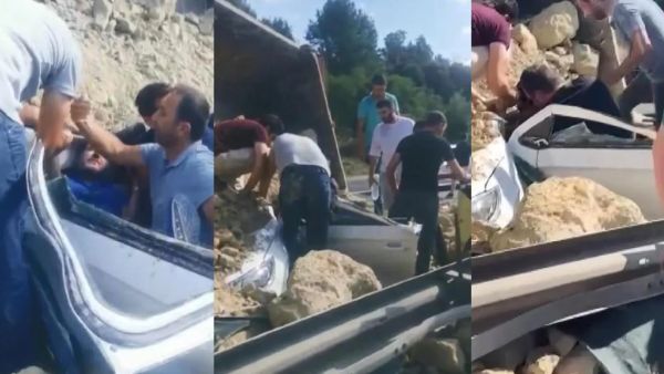 TEM’de hafriyat kamyonu otomobilin üzerine devrildi
